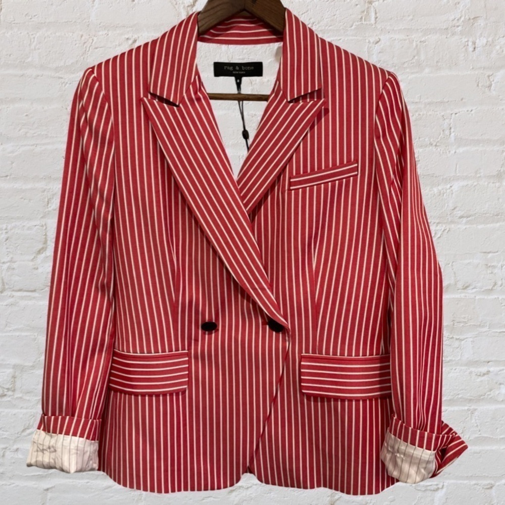 rag & bone Red and White Vertical-Stripe Double-Breasted Blazer